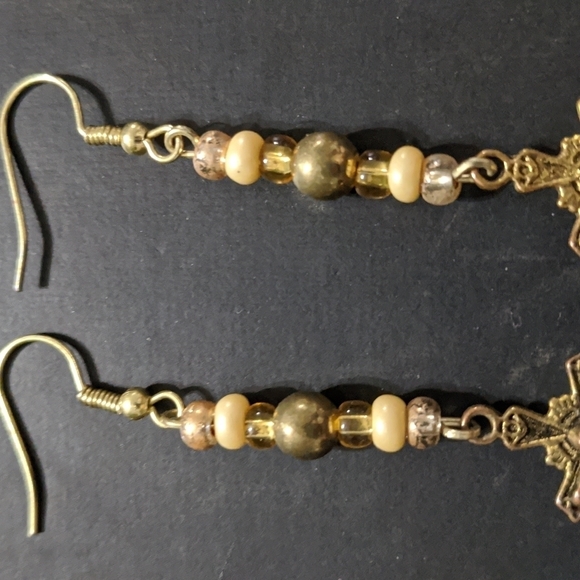 Gold Tone Beaded Cross Crucifix Dangle Statement Earrings - Picture 4 of 4